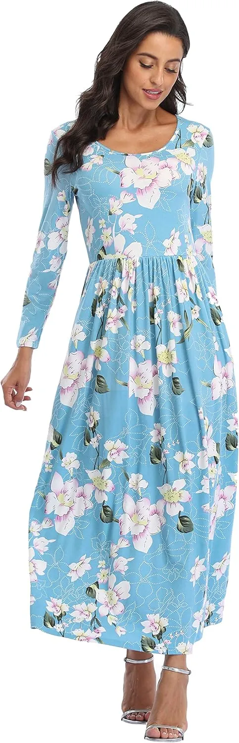Women's Long Sleeves Maxi Dress Plain Empire Waist Casual Dress Loose Fall/Winter Dresses with Pockets