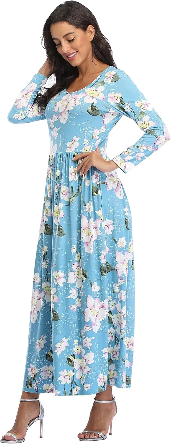 Women's Long Sleeves Maxi Dress Plain Empire Waist Casual Dress Loose Fall/Winter Dresses with Pockets