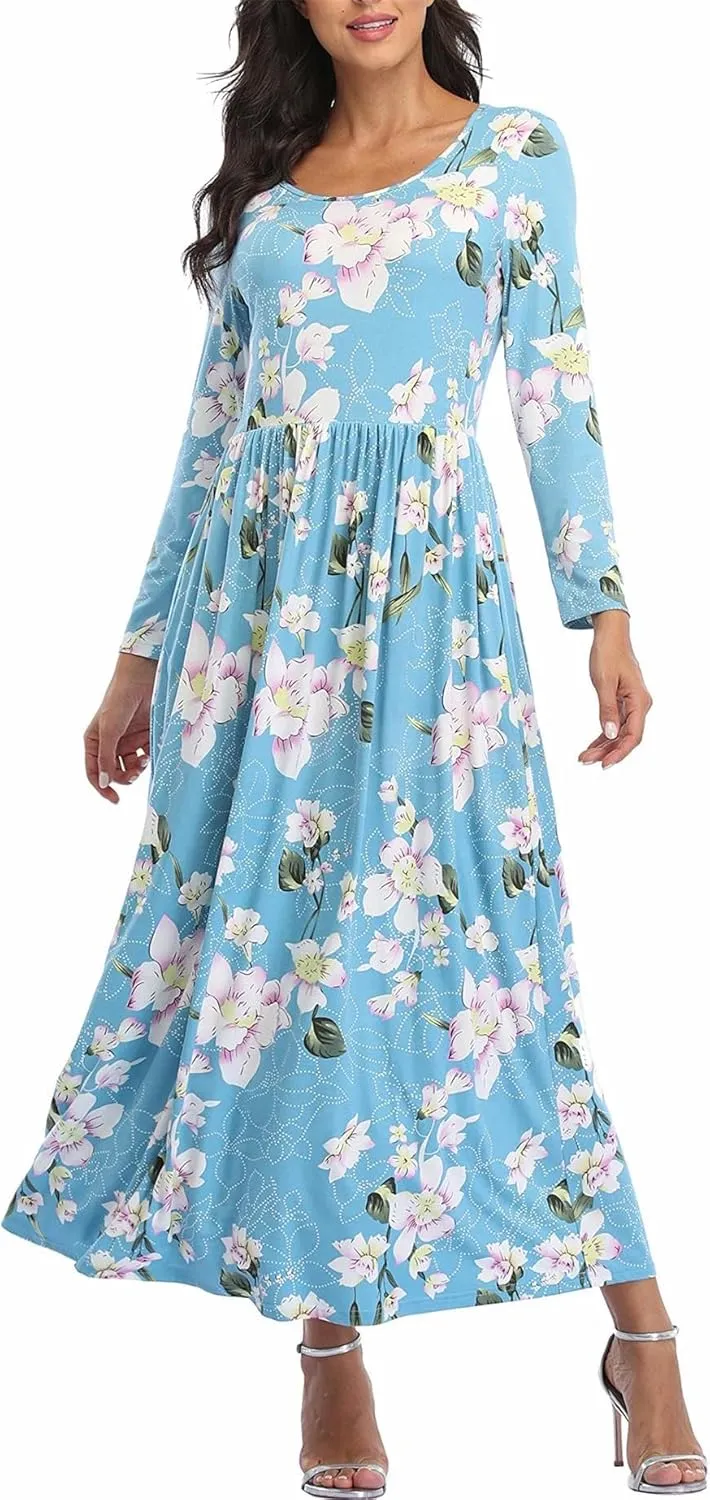 Women's Long Sleeves Maxi Dress Plain Empire Waist Casual Dress Loose Fall/Winter Dresses with Pockets
