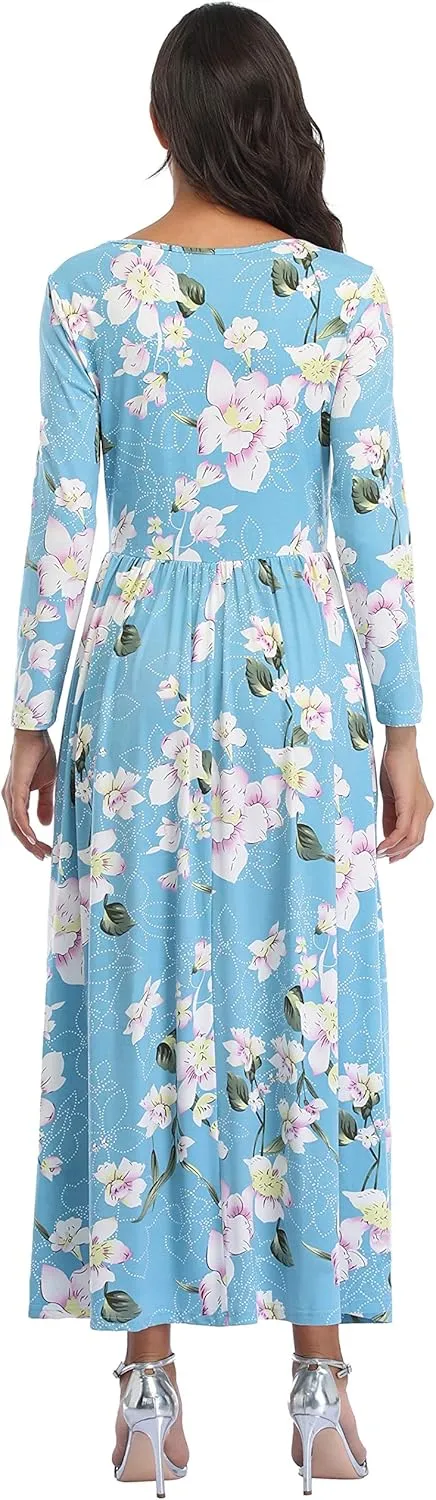Women's Long Sleeves Maxi Dress Plain Empire Waist Casual Dress Loose Fall/Winter Dresses with Pockets