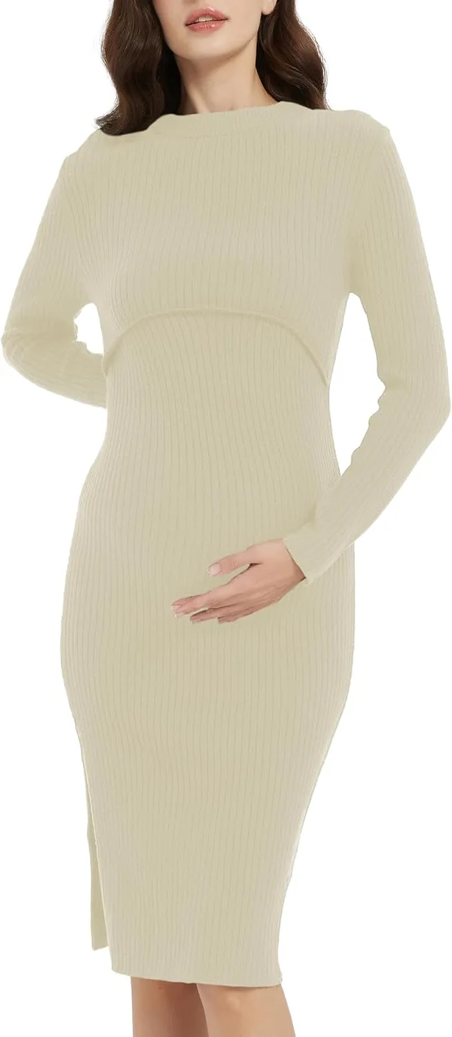 Women's Rib Knit Maternity Dress Slim Fitted Long Sleeve Pregnancy Sweater Fashion Crew Neck Top