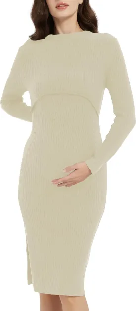 Women's Rib Knit Maternity Dress Slim Fitted Long Sleeve Pregnancy Sweater Fashion Crew Neck Top