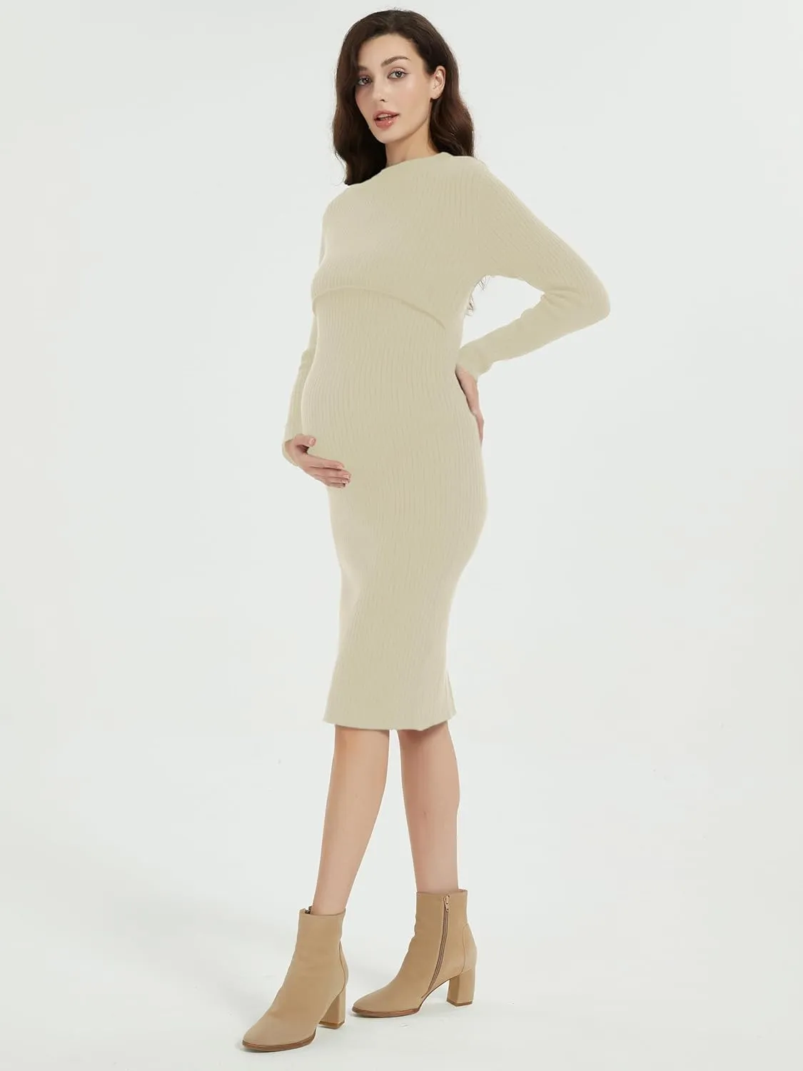 Women's Rib Knit Maternity Dress Slim Fitted Long Sleeve Pregnancy Sweater Fashion Crew Neck Top