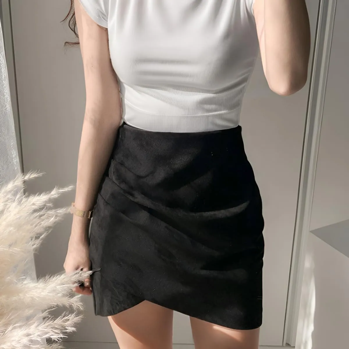Womens Skirt Ruched Wrap High Waist Faux Suede Skirt Zipper Back Above Knee A Line Bodycon Mini Skirt Basic Skirt