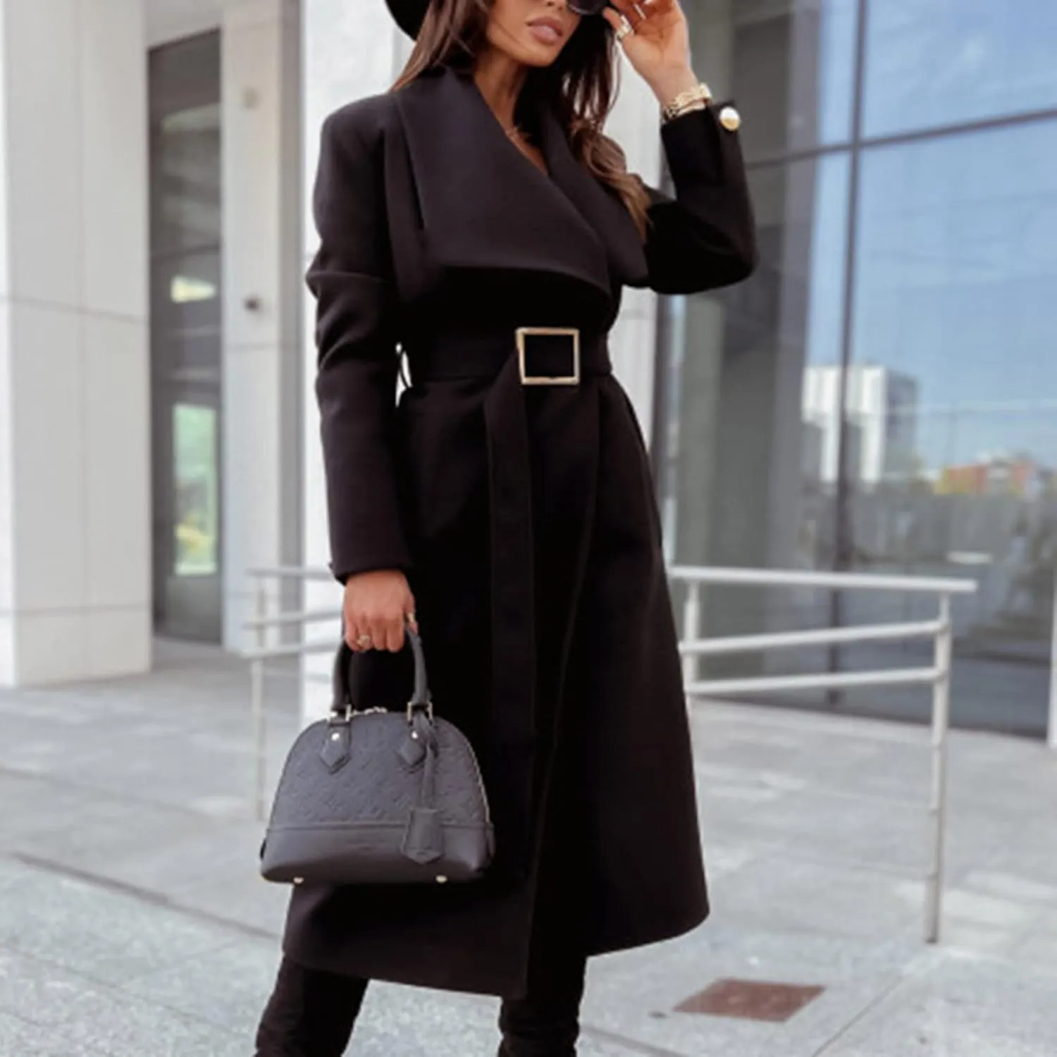 Womens Trench Coat Winter Wool Blend Pea Coat Casual Notched Lapel Collar Overcoat Belted Long Jacket Outerwear