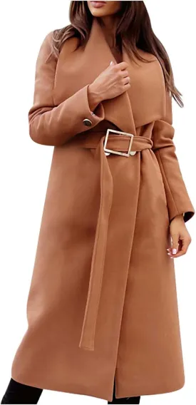 Womens Trench Coat Winter Wool Blend Pea Coat Casual Notched Lapel Collar Overcoat Belted Long Jacket Outerwear
