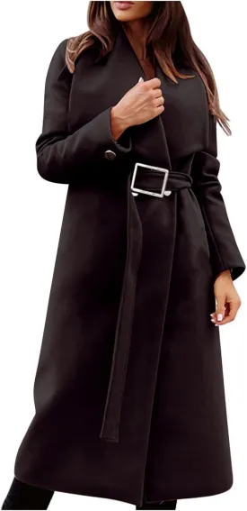 Womens Trench Coat Winter Wool Blend Pea Coat Casual Notched Lapel Collar Overcoat Belted Long Jacket Outerwear
