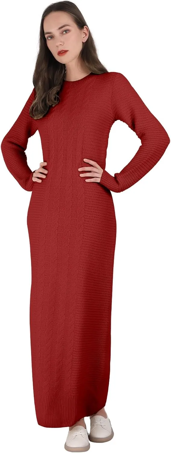 Women's Winter Warm Cable Knit Crewneck Long Sleeve Bodycon Maxi Fall Sweater Dresses
