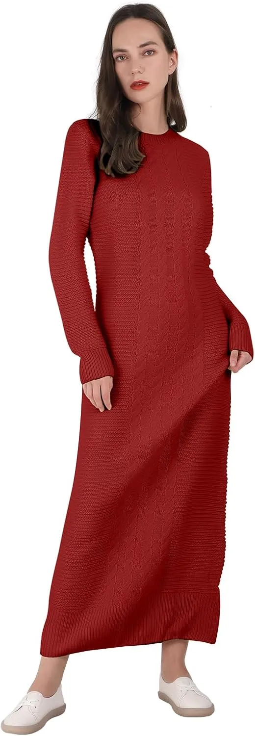 Women's Winter Warm Cable Knit Crewneck Long Sleeve Bodycon Maxi Fall Sweater Dresses