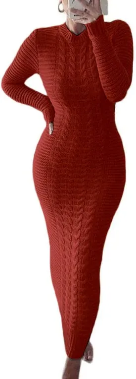 Women's Winter Warm Cable Knit Crewneck Long Sleeve Bodycon Maxi Fall Sweater Dresses
