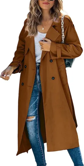 xxxiticat Women's Double Breasted Trench Coat Long Sleeve Turn Down Collar Windproof Belted Overcoat Lapel Long Jacket