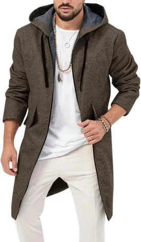 ZIWOCH Mens Trench Coat Wool Blend Hoodie Long Jacket Full Zip Winter Classic Business Overcoat