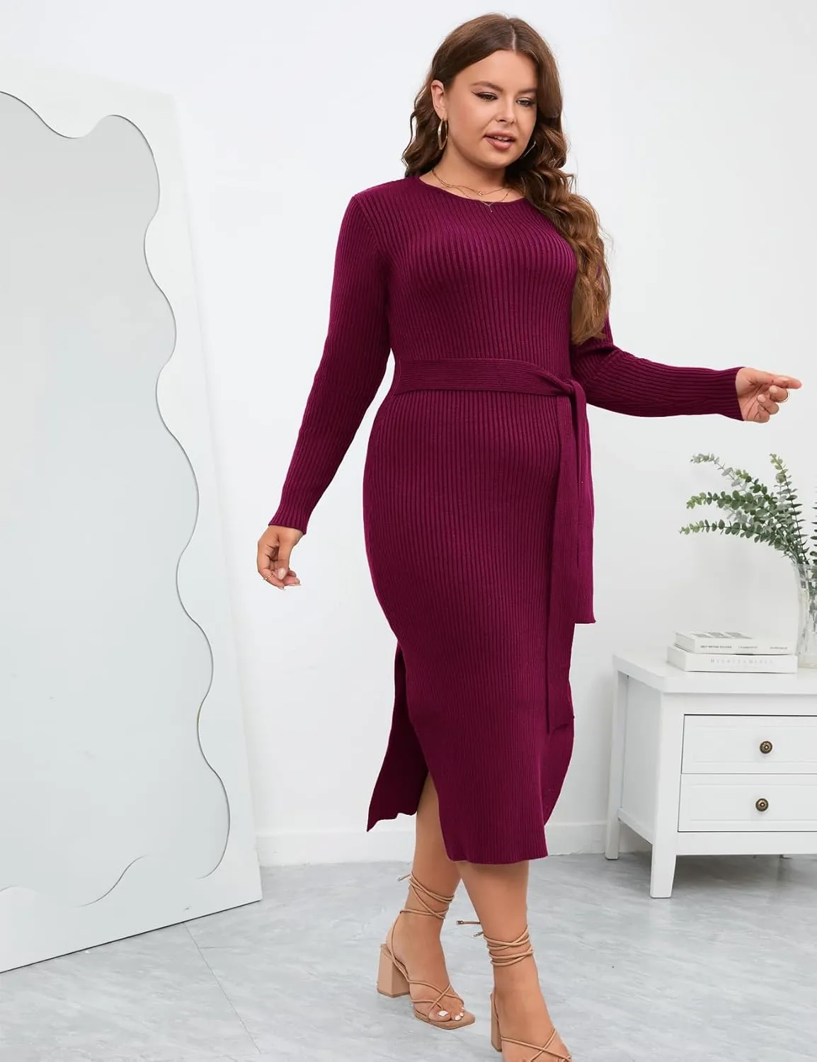 ZOMVA 2023 Plus Size Sweater Dress 1X-4X Long Sleeves Crewneck Ribbed Knit Dress Fall Winter Midi Belted Bodycon Slits