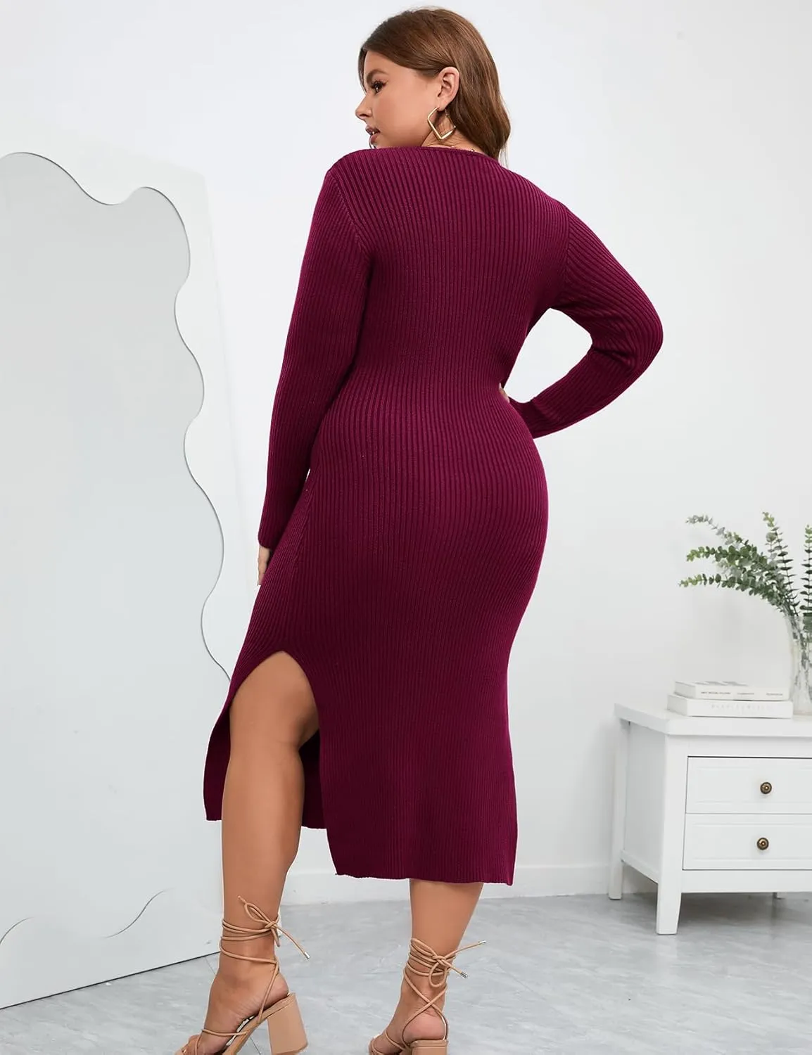 ZOMVA 2023 Plus Size Sweater Dress 1X-4X Long Sleeves Crewneck Ribbed Knit Dress Fall Winter Midi Belted Bodycon Slits