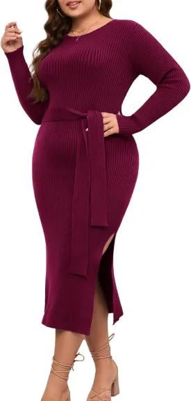ZOMVA 2023 Plus Size Sweater Dress 1X-4X Long Sleeves Crewneck Ribbed Knit Dress Fall Winter Midi Belted Bodycon Slits