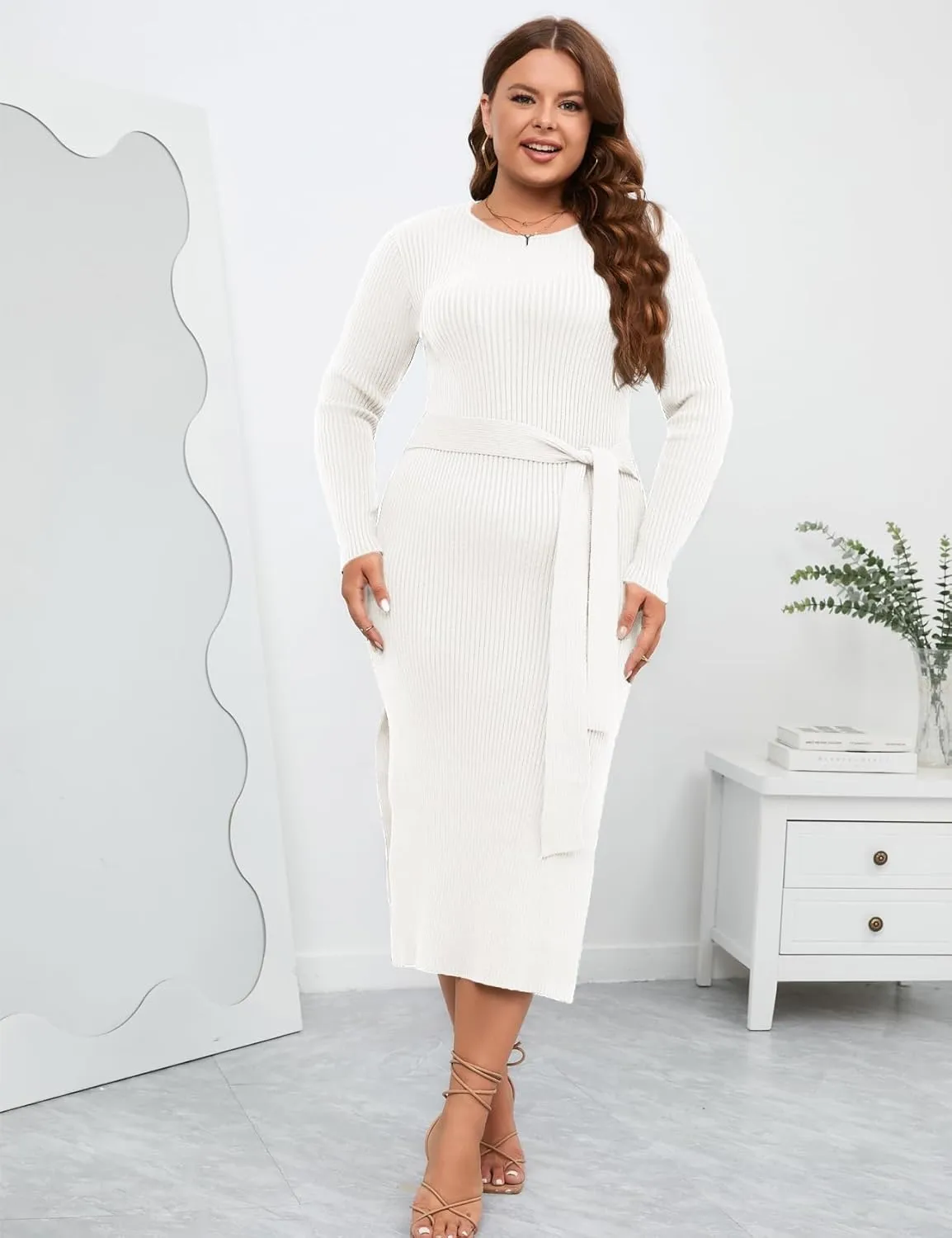 ZOMVA 2023 Plus Size Sweater Dress 1X-4X Long Sleeves Crewneck Ribbed Knit Dress Fall Winter Midi Belted Bodycon Slits