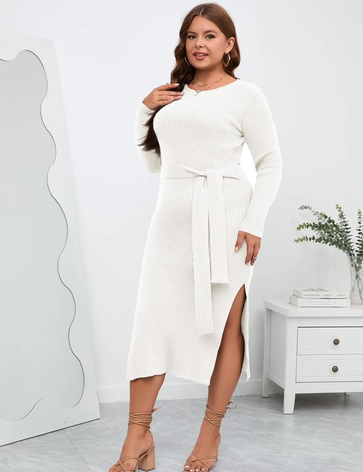 ZOMVA 2023 Plus Size Sweater Dress 1X-4X Long Sleeves Crewneck Ribbed Knit Dress Fall Winter Midi Belted Bodycon Slits