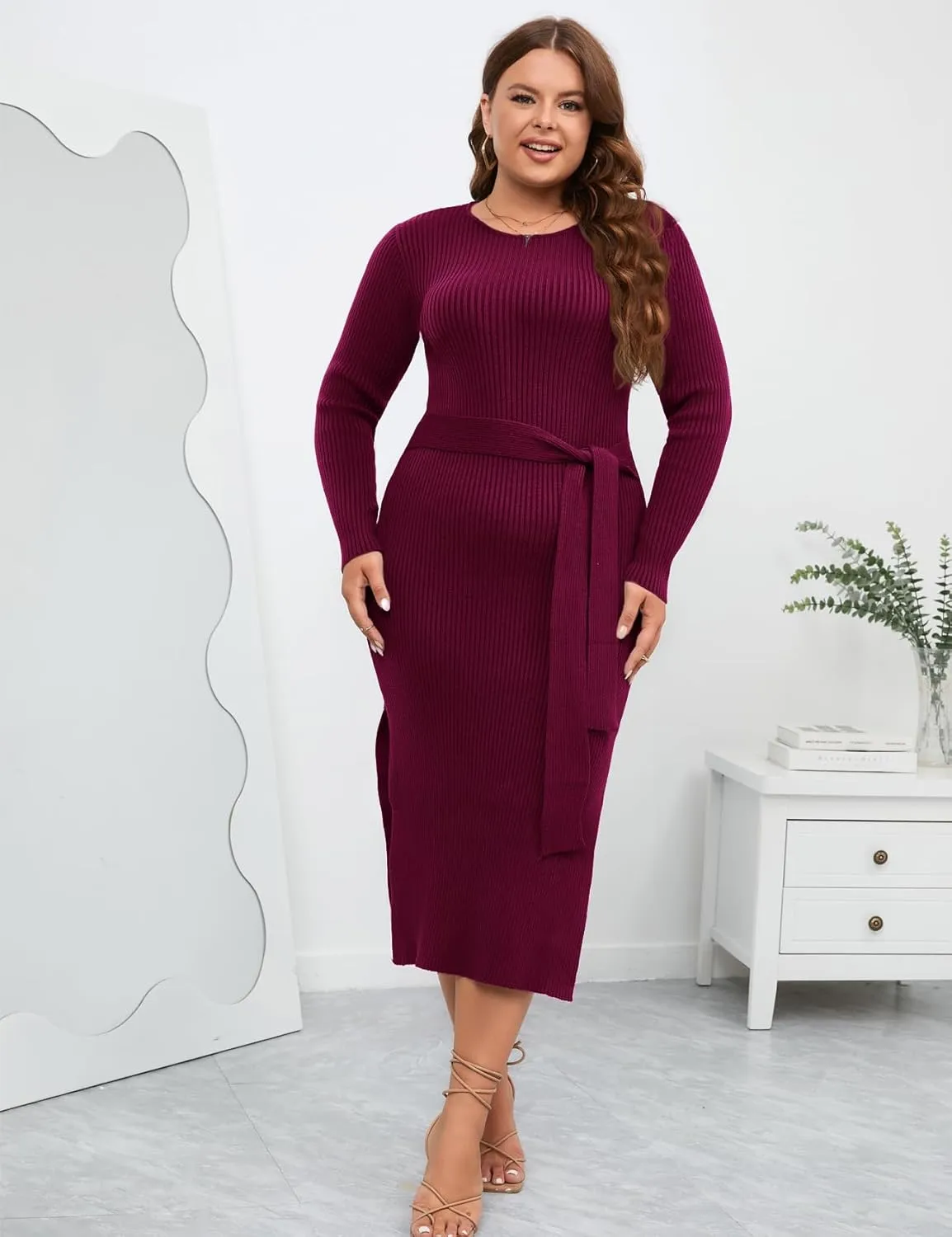 ZOMVA 2023 Plus Size Sweater Dress 1X-4X Long Sleeves Crewneck Ribbed Knit Dress Fall Winter Midi Belted Bodycon Slits