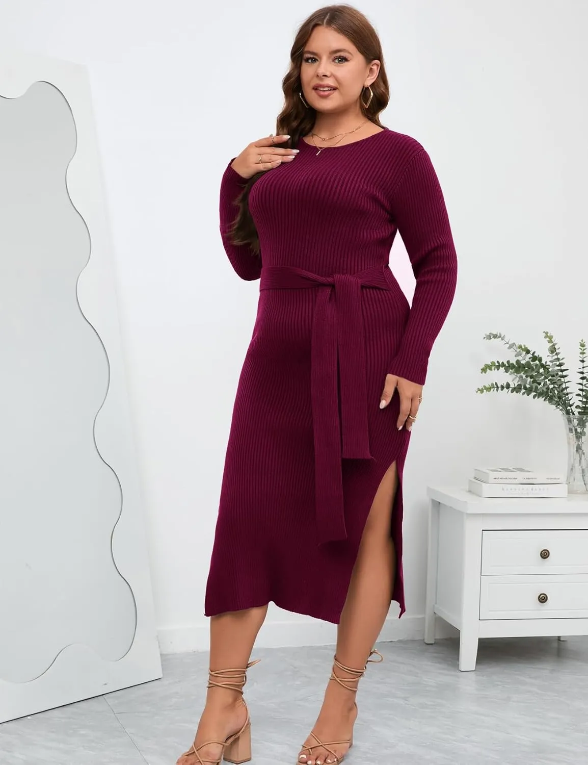 ZOMVA 2023 Plus Size Sweater Dress 1X-4X Long Sleeves Crewneck Ribbed Knit Dress Fall Winter Midi Belted Bodycon Slits