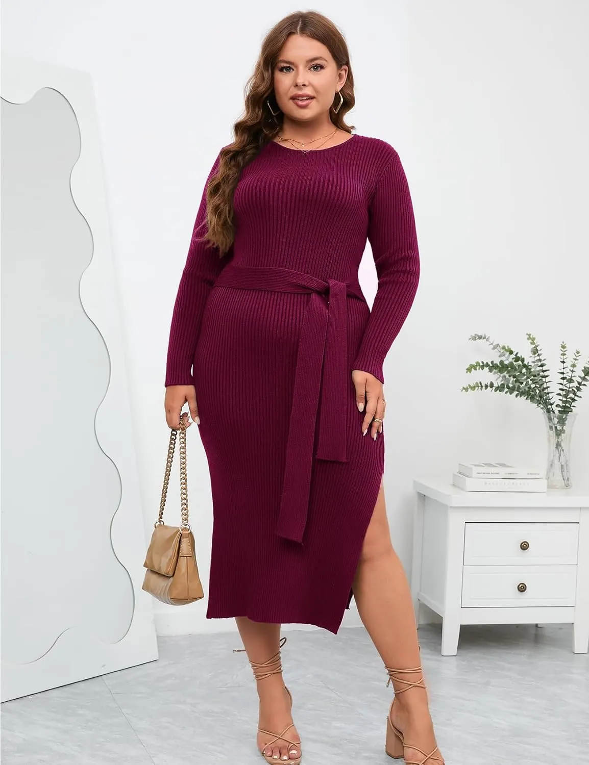 ZOMVA 2023 Plus Size Sweater Dress 1X-4X Long Sleeves Crewneck Ribbed Knit Dress Fall Winter Midi Belted Bodycon Slits