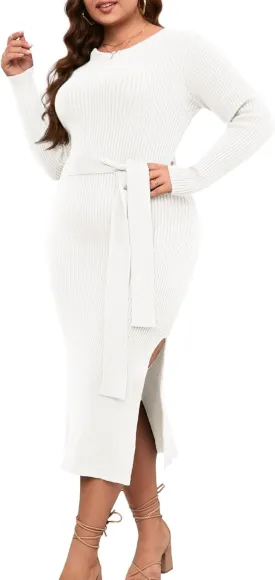 ZOMVA 2023 Plus Size Sweater Dress 1X-4X Long Sleeves Crewneck Ribbed Knit Dress Fall Winter Midi Belted Bodycon Slits